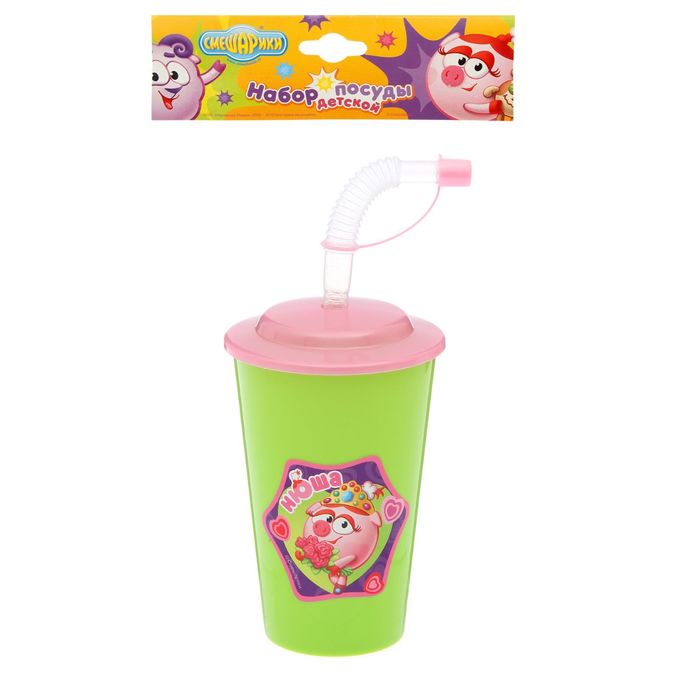 Бокал 500 мл "Смешарики. Нюша в короне" с крышкой и трубочкой, цвет салатовый