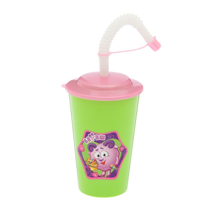 Бокал 500 мл "Смешарики. Бараш с конфетой" с крышкой и трубочной, цвет салатовый