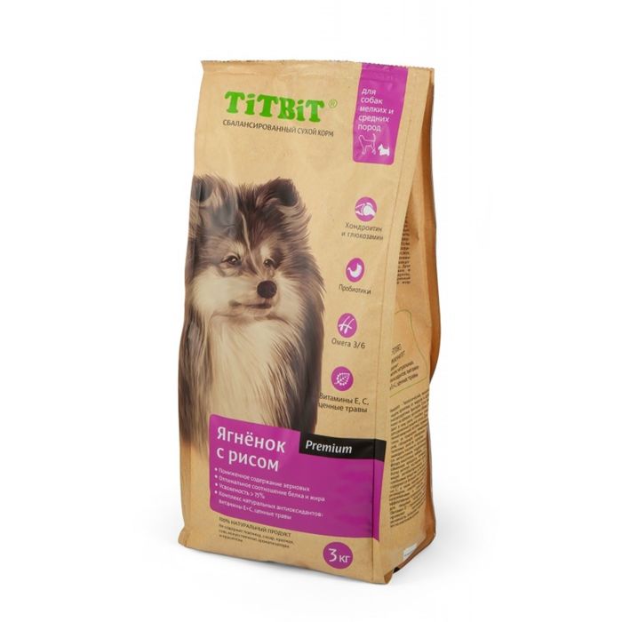 Сухой корм TitBit для собак мелких и средних пород, ягненок с рисом, 3 кг