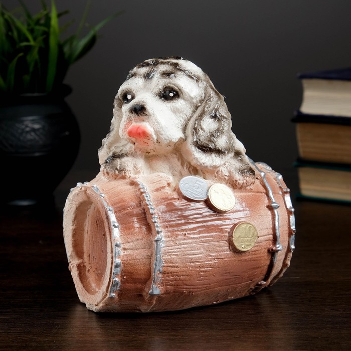 Копилка гипс "Собачка в бочке" 12 см