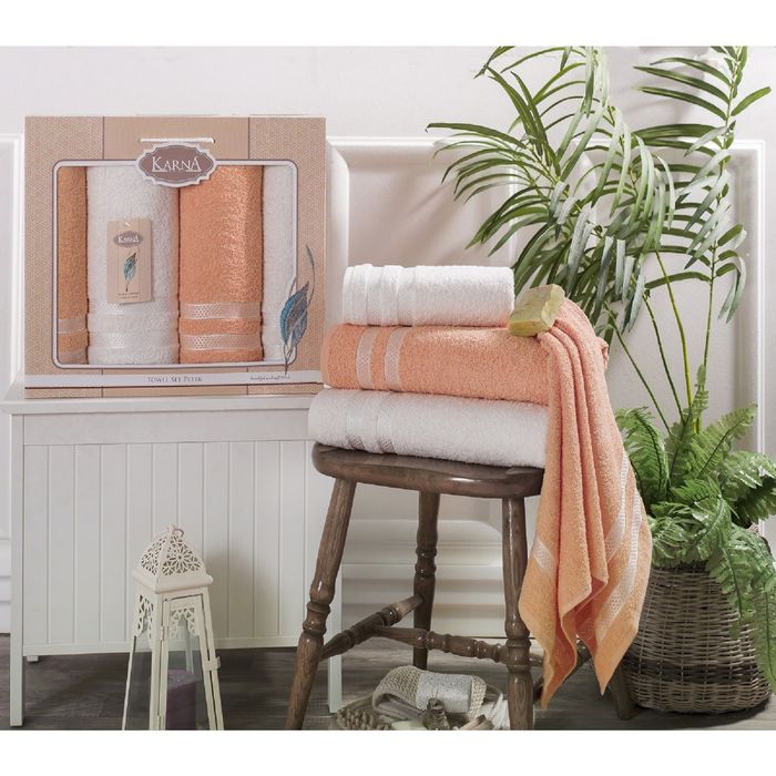 Комплект полотенец KARNA PETEK, размер 50x100-2 шт., 100x150-2 шт., цвет крем+абрикос 2421