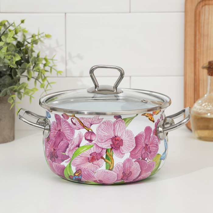 Кастрюля 2,1 л "Орхидея", со стеклянной крышкой