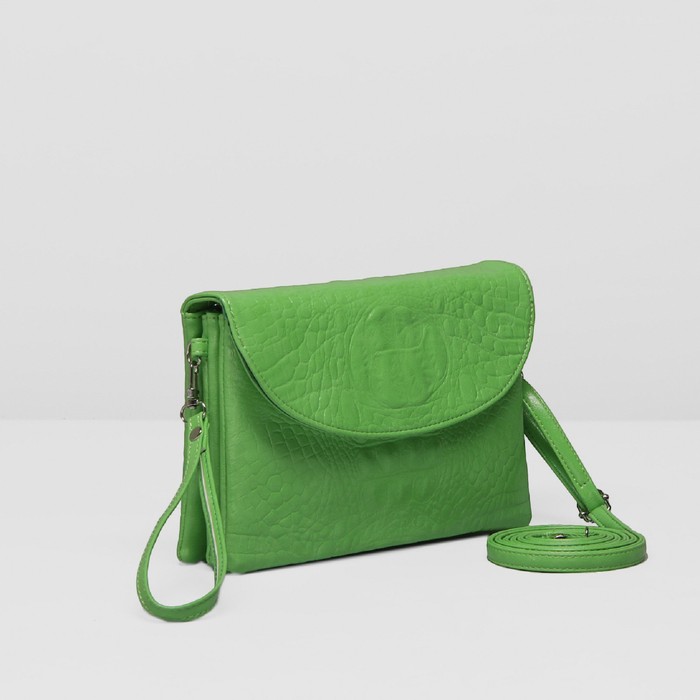 Сумка женская на молнии, с ручкой, 4 отдела, наружный карман, длинный ремень, цвет зелёный
