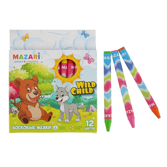 Мелки восковые 12 цветов Wild Child круглые, длина 89 мм, d корпуса=8мм
