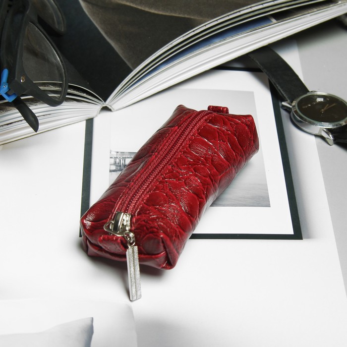 Ключница на молнии, 1 отдел, рептилия, цвет бордовый