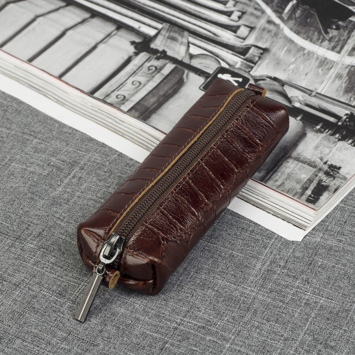 Ключница на молнии, 1 отдел, крокодил, цвет коричневый