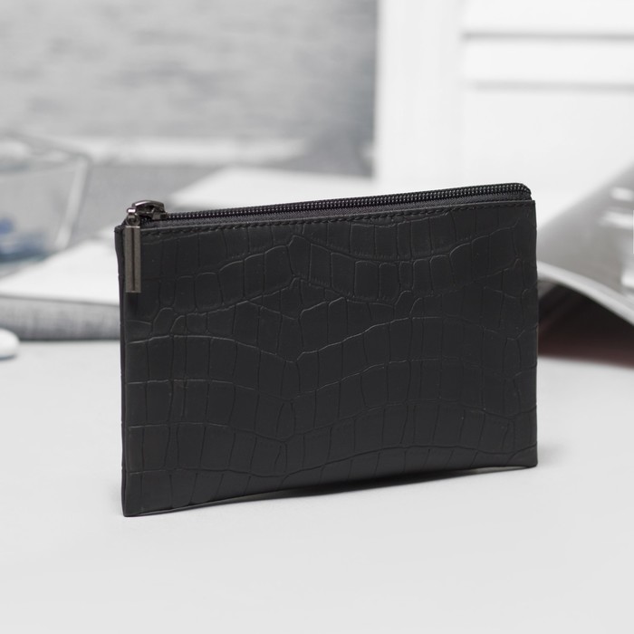 Косметичка простая на молнии, 1 отдел, рептилия, цвет чёрный