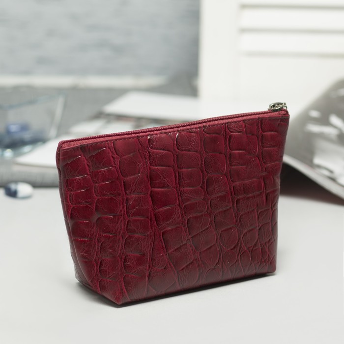 Косметичка простая на молнии, 1 отдел, рептилия, цвет бордовый