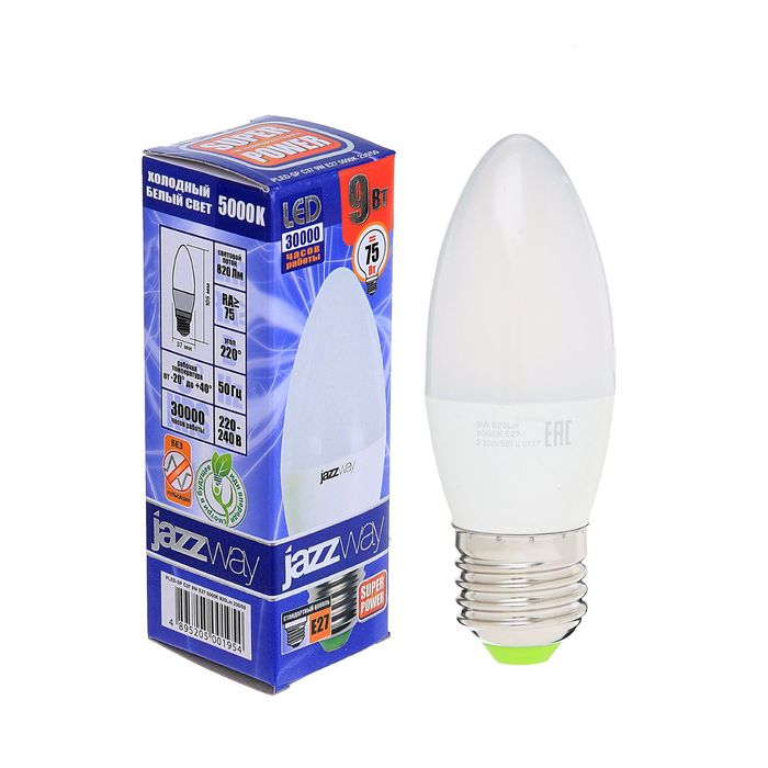 Лампа светодиодная Jazzway, C37, E27, 9 Вт, 820 Лм, 5000 K, PLED-SP