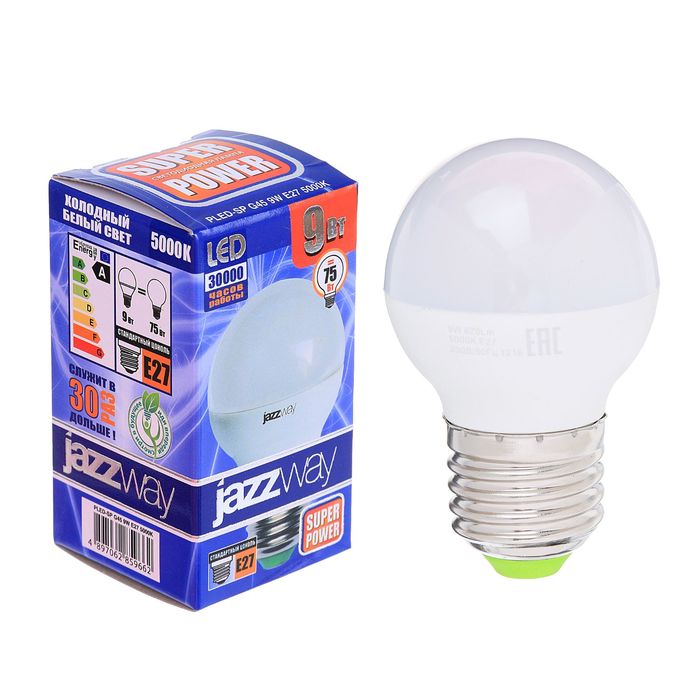 Лампа светодиодная Jazzway, G45, E27, 9 Вт, 820 Лм, 5000 K, PLED-SP