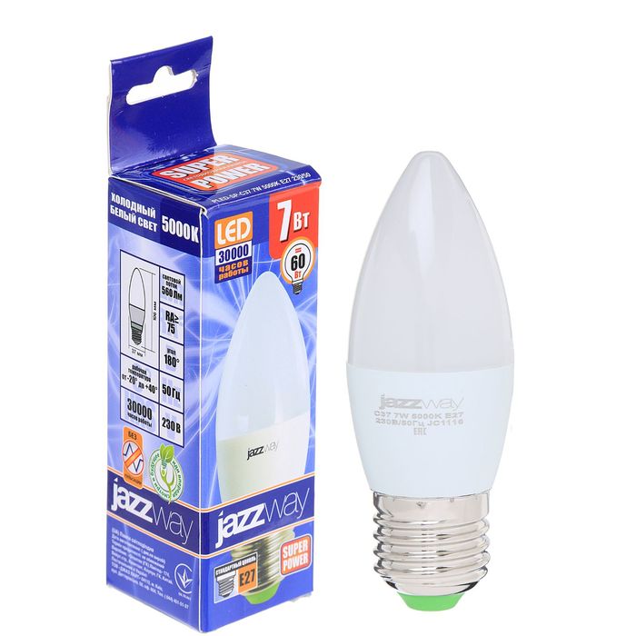 Лампа светодиодная Jazzway, C37, E27, 7 Вт, 520 Лм, 5000 K, PLED-SP