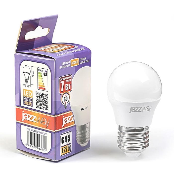 Лампа светодиодная Jazzway, G45, E27, 7 Вт, 520 Лм, 3000 K, PLED-SP