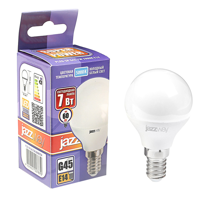 Лампа светодиодная Jazzway, G45, E14, 7 Вт, 520 - 560 Лм, 5000 K, PLED-SP