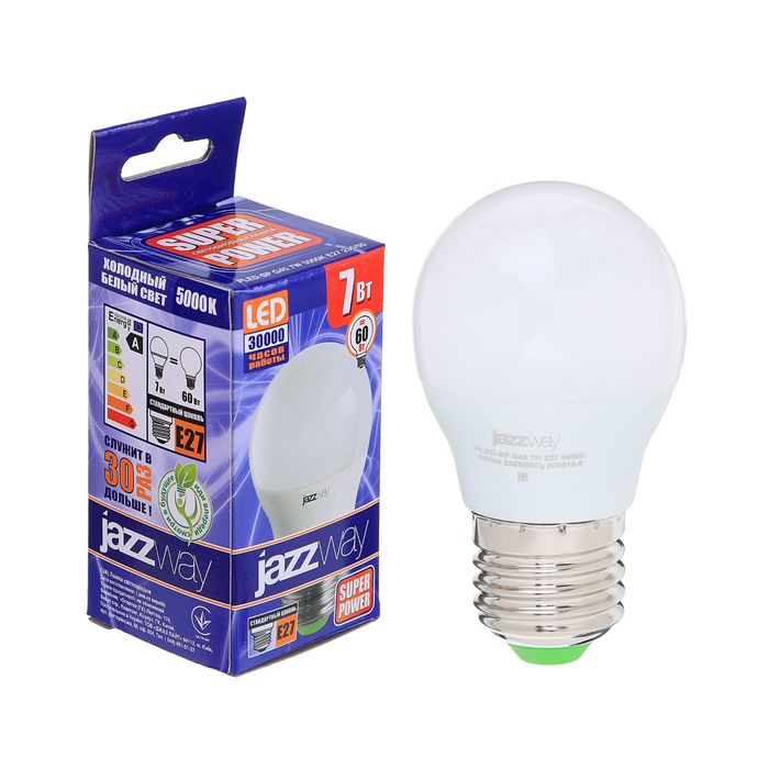 Лампа светодиодная Jazzway, G45, E27, 7 Вт, 520 Лм, 5000 K, PLED-SP