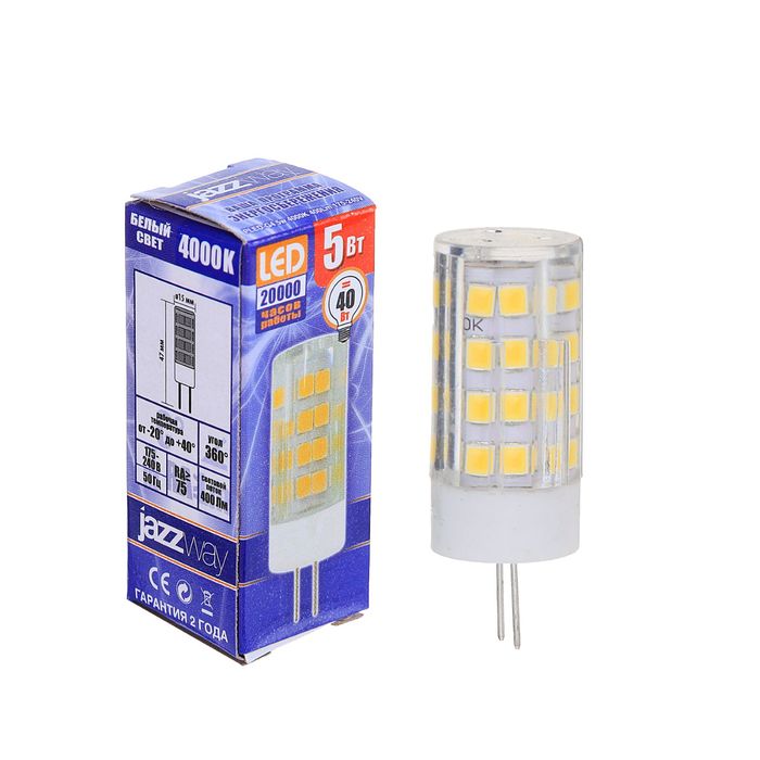 Лампа светодиодная Jazzway, G4, 5 Вт, 400 Лм, 4000 K, PLED-G4