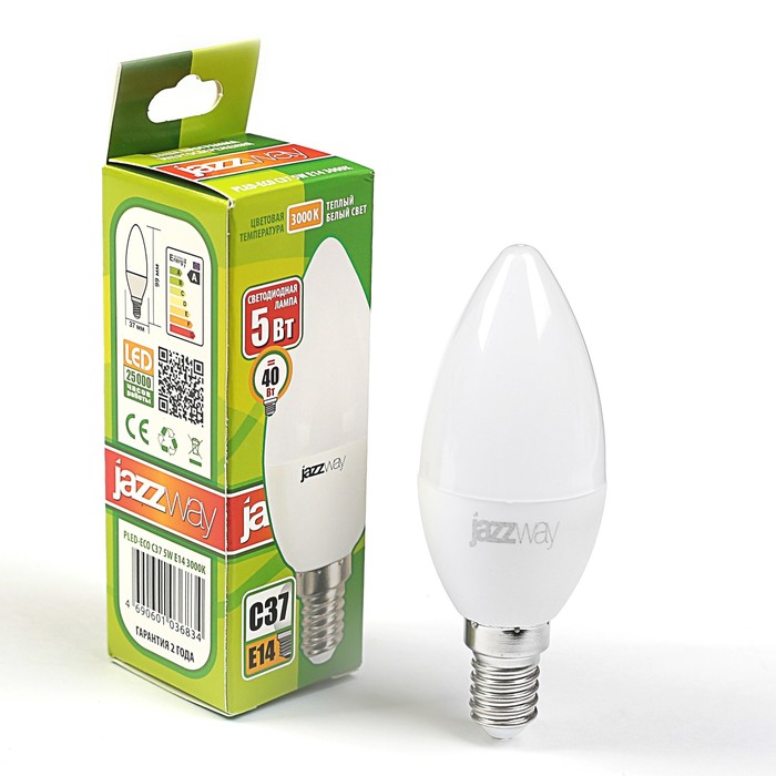 Лампа светодиодная Jazzway, C37, E14, 5 Вт, 300 Лм, 3000 K, PLED-ECO