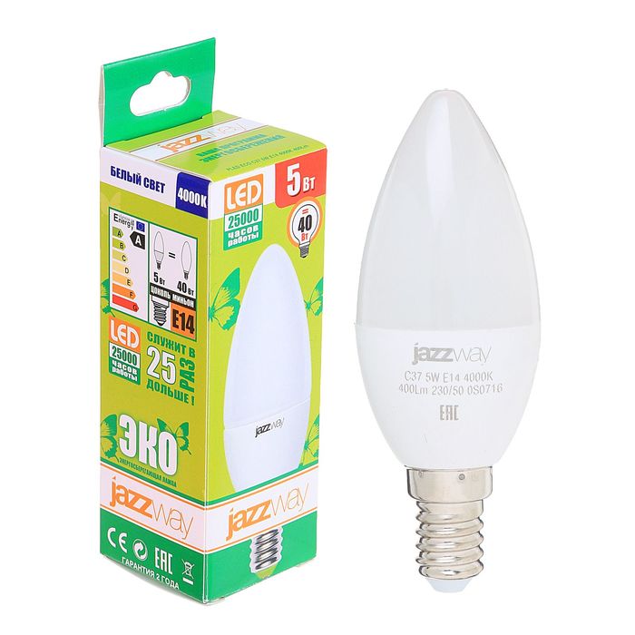 Лампа светодиодная Jazzway, C37, E14, 5 Вт, 300 - 400 Лм, 4000 K, PLED-ECO