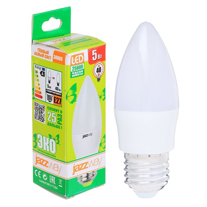 Лампа светодиодная Jazzway, C37, E27, 5 Вт, 400 Лм, 3000 K, PLED-ECO