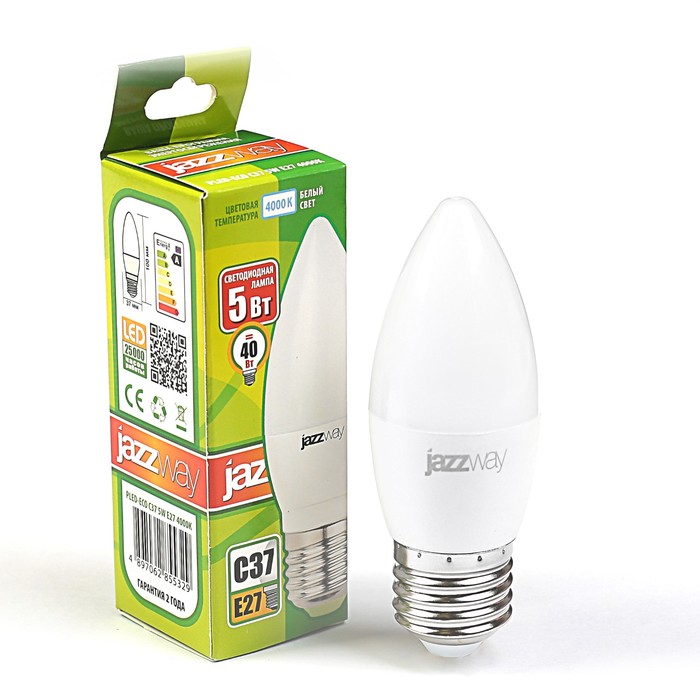 Лампа светодиодная Jazzway, C37, E27, 5 Вт, 300 Лм, 4000 K, PLED-ECO