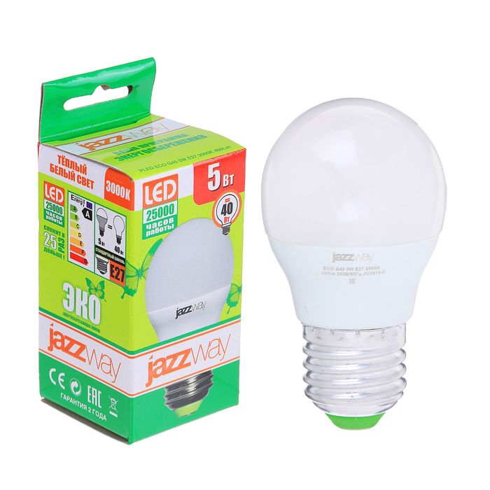 Лампа светодиодная Jazzway, G45, E27, 5 Вт, 300 Лм, 3000 K, PLED-ECO