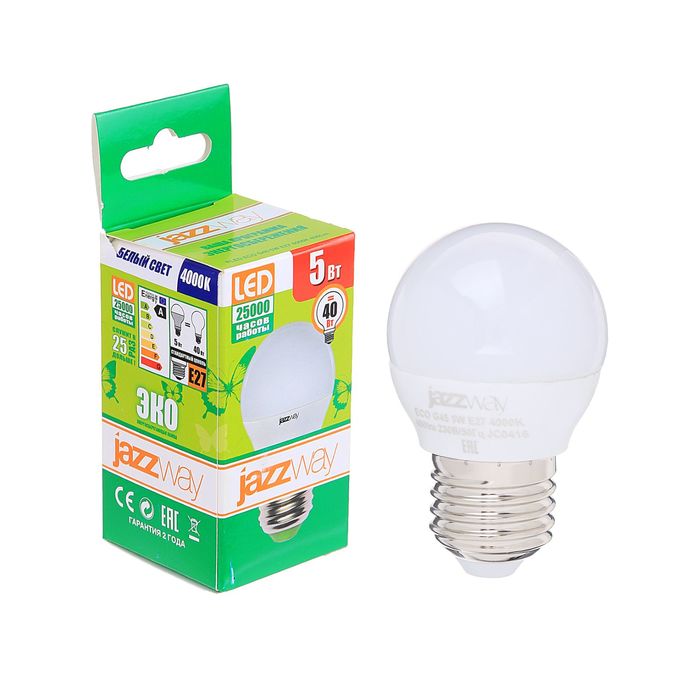 Лампа светодиодная Jazzway, G45, E27, 5 Вт, 300 Лм, 4000 K, PLED-ECO