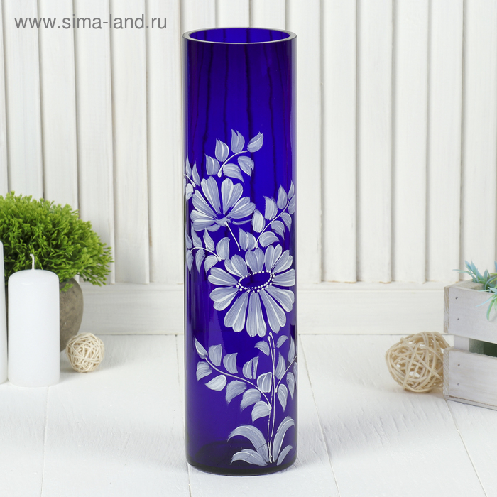 ваза Цилиндр d 80*h 300 мм. из синего стекла (ручная роспись) рис. № 8 (Бел.)