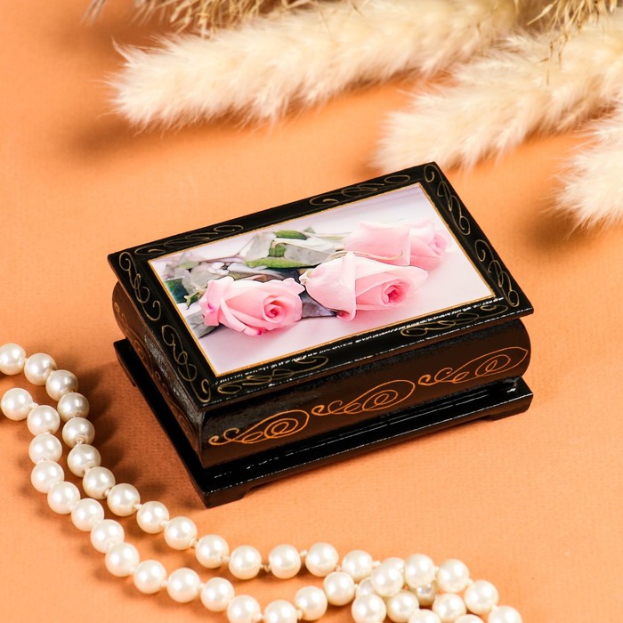 шкатулка розы 14×6 см лаковая миниатюра Шкатулка «Розовые розы», 6×9 см, лаковая миниатюра
