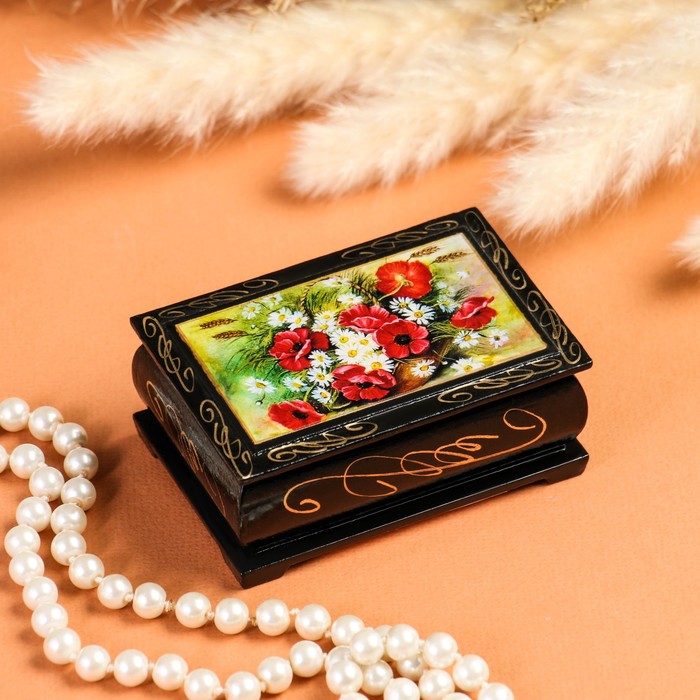 шкатулка лаковая миниатюра москва палех Шкатулка «Цветы», 6×9 см, лаковая миниатюра