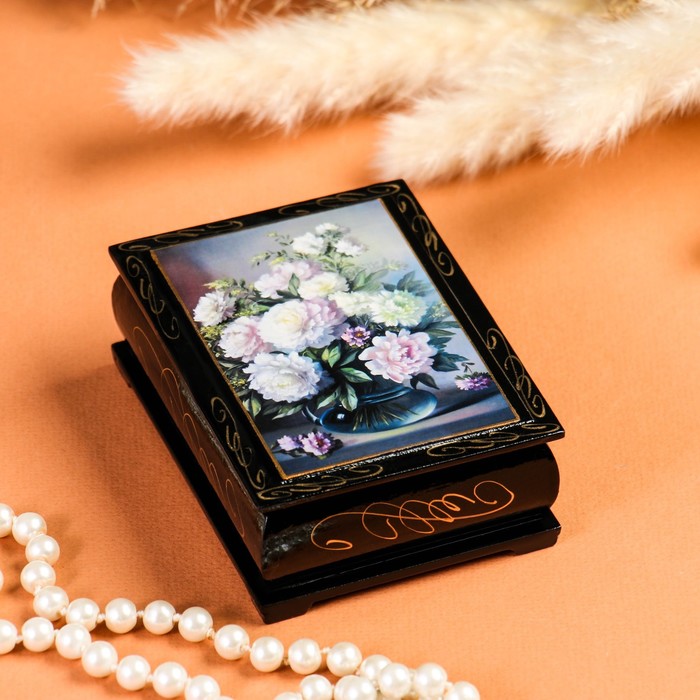 Шкатулка «Пионы в вазе», 7,5×10 см, лаковая миниатюра шкатулка букет цветов в вазе белая 10×10 см лаковая миниатюра