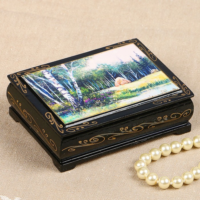 Шкатулка «Берёзки у реки», 8×10 см, лаковая миниатюра