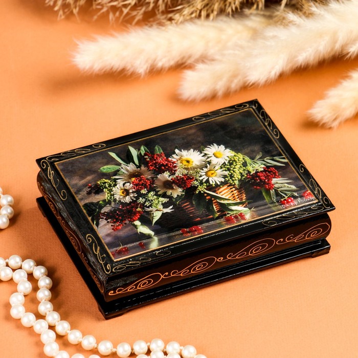 Шкатулка «Ромашки с ягодами в корзине», 10×14 см, лаковая миниатюра b500 маки и ромашки в корзине