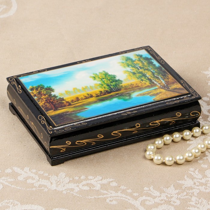 Шкатулка «Озеро в лесу», 10×14 см, лаковая миниатюра