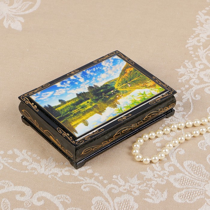 Шкатулка «Лесное озеро», 10×14 см, лаковая миниатюра