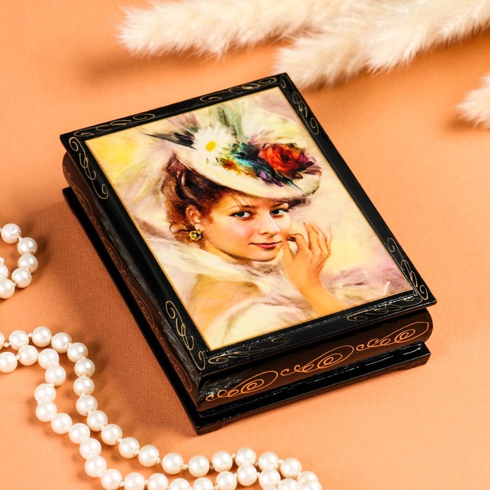 Шкатулка «Дама в шляпке», 10×14 см, лаковая миниатюра