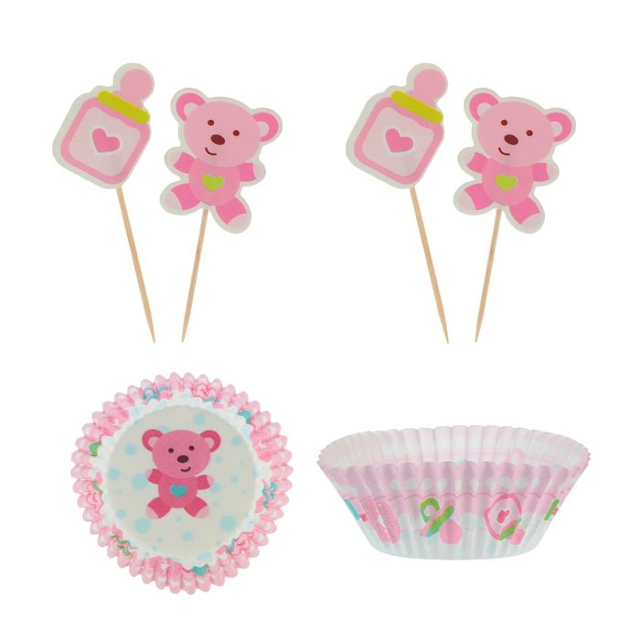 Украшение для кексов "Малыш мишутка", набор 24 пики, 24 формочки, цвет розовый