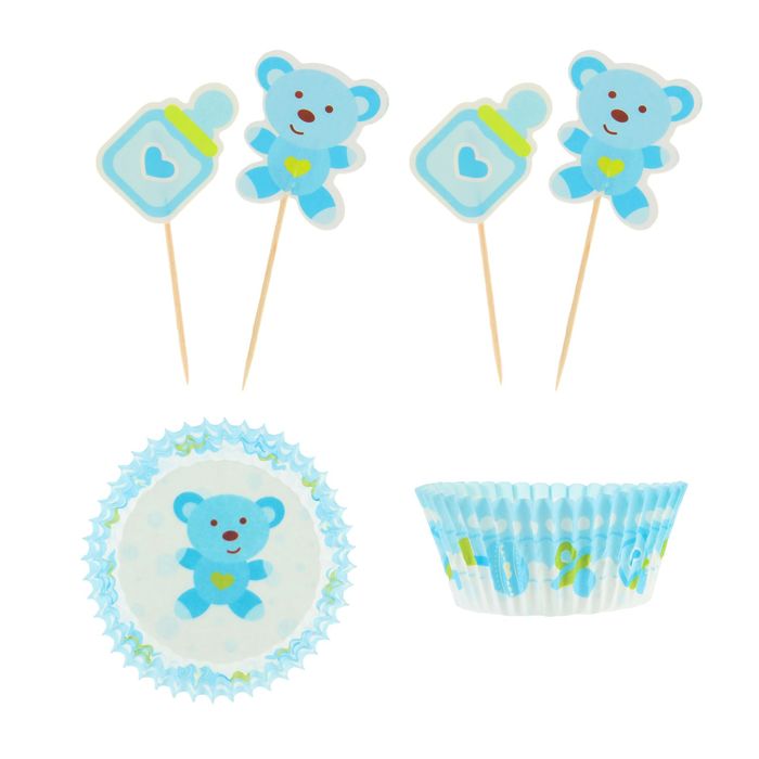 Украшение для кексов "Малыш мишутка", набор 24 пики, 24 формочки, цвет голубой