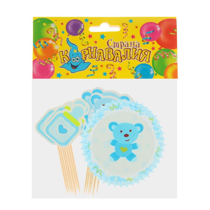 Украшение для кексов "Малыш мишутка", набор 24 пики, 24 формочки, цвет голубой