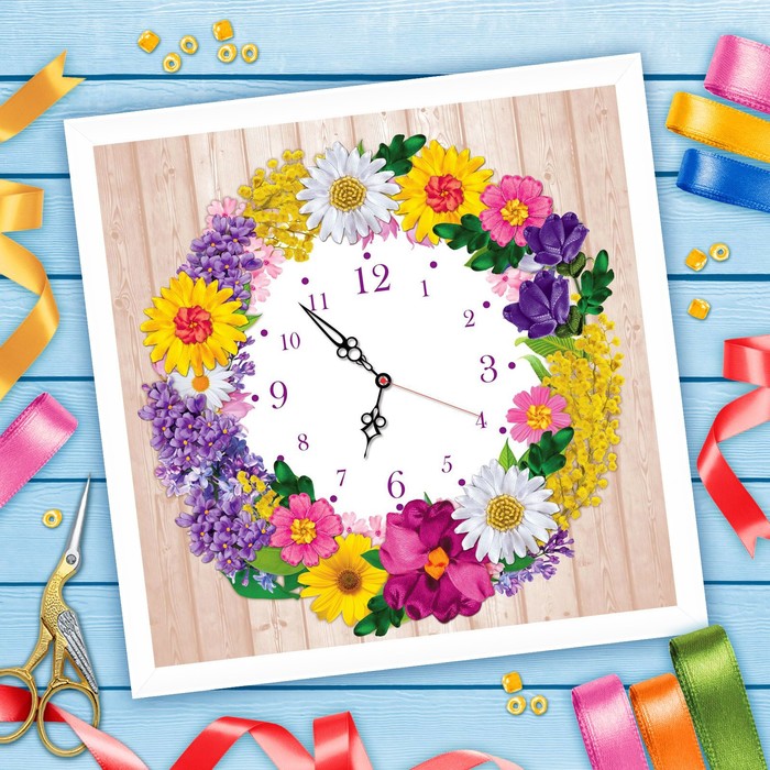 Вышивка лентами "Часы из цветов", 35 х 35 см