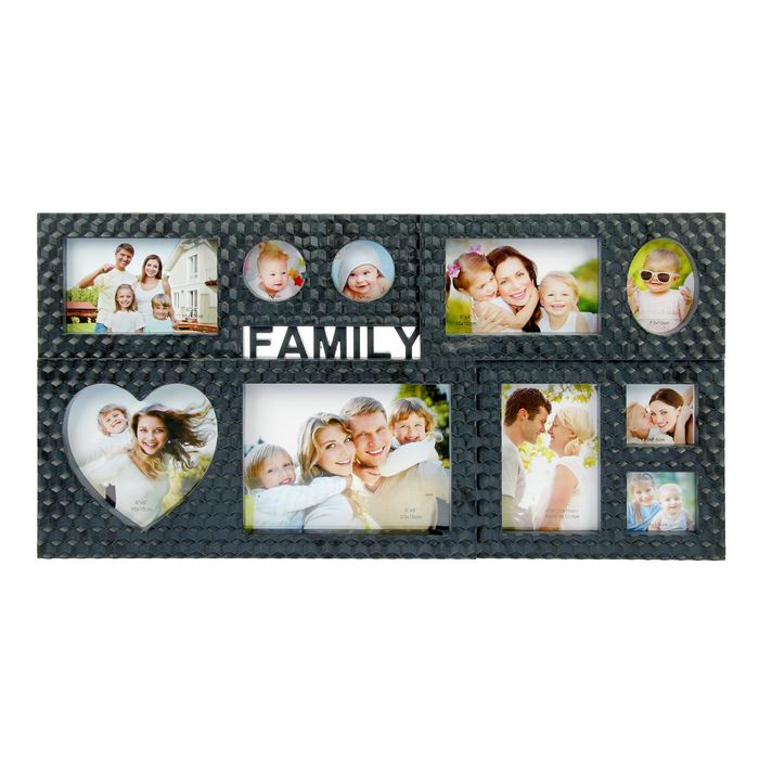 Фоторамка пластик на 10 фото 7х7, 7,5х10, 7,7х7,5, 10х15, 15х20см "Семья" чёрная 63,5х34х3см