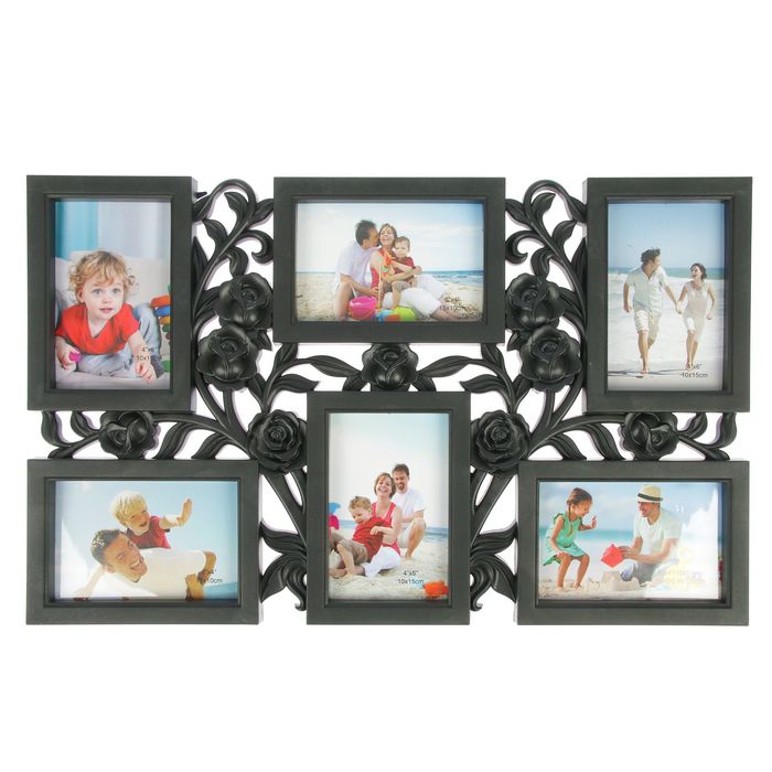 Фоторамка пластик на 6 фото 10х15 см "Куст роз" чёрная 35,5х56,5х2 см