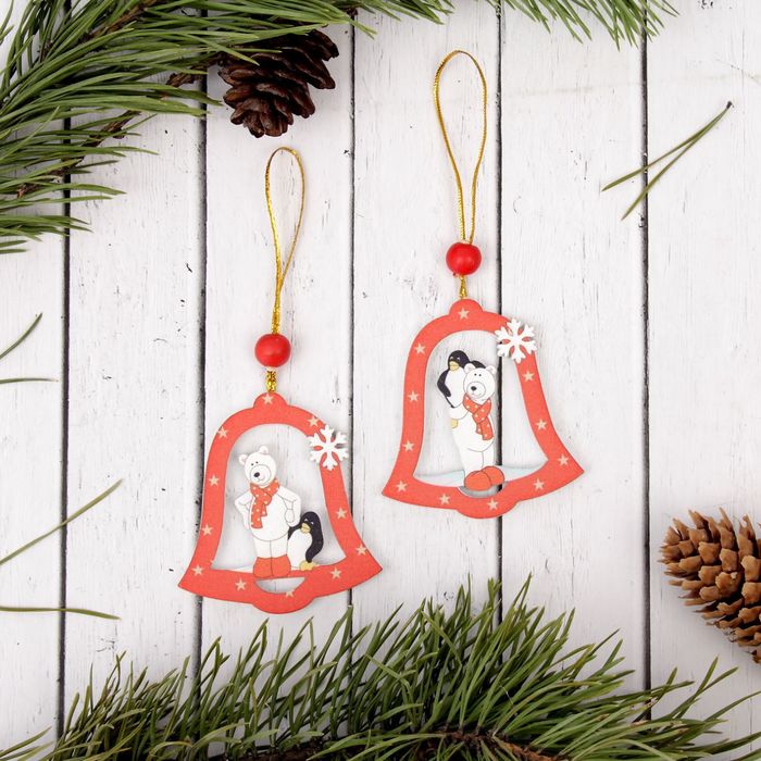 Подвеска новогодняя "Белый мишка в колокольчике", МИКС