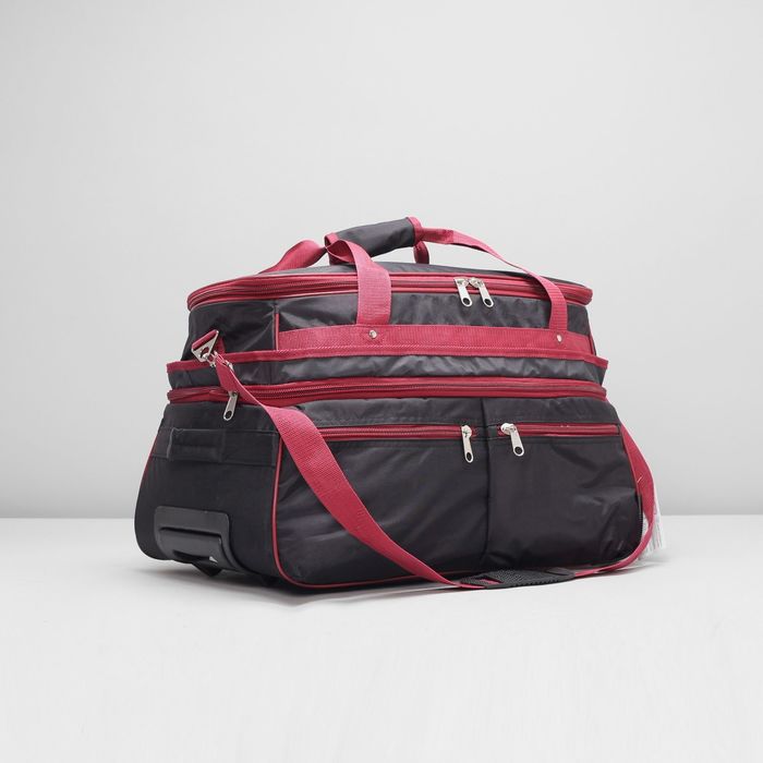 Сумка дорожная, на колёсах, с увеличением, 1 отдел, 2 наружных кармана, длинный ремень, цвет чёрный/бордовый