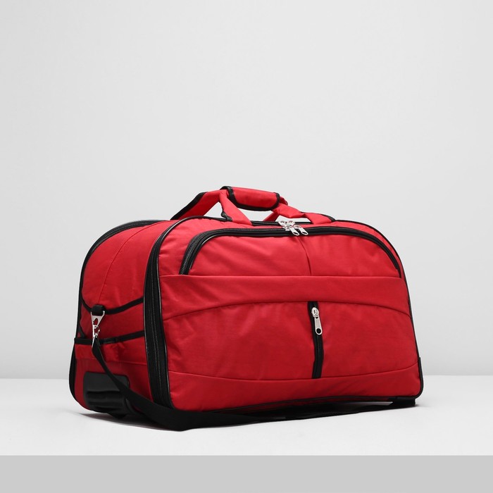 Сумка дорожная, на колёсах, 2 отдела, 4 наружных кармана, длинный ремень, цвет красный/чёрный