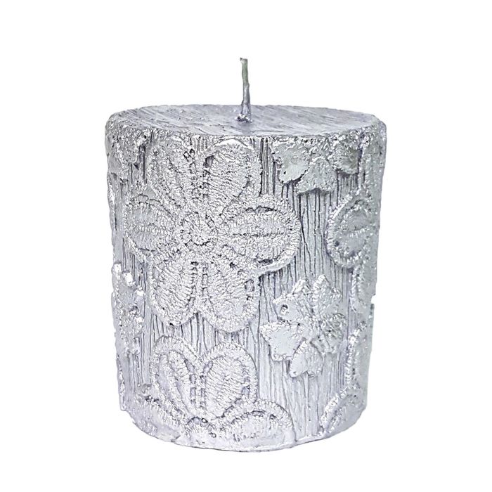 Свеча "Ручная работа" цилиндр "Кружевные цветы" 70*75 серебро