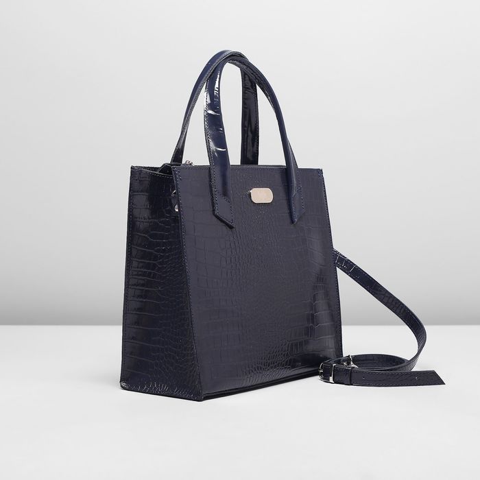 Сумка женская на молнии, 2 отдела с перегородкой, наружный карман, кайман, цвет тёмно-синий