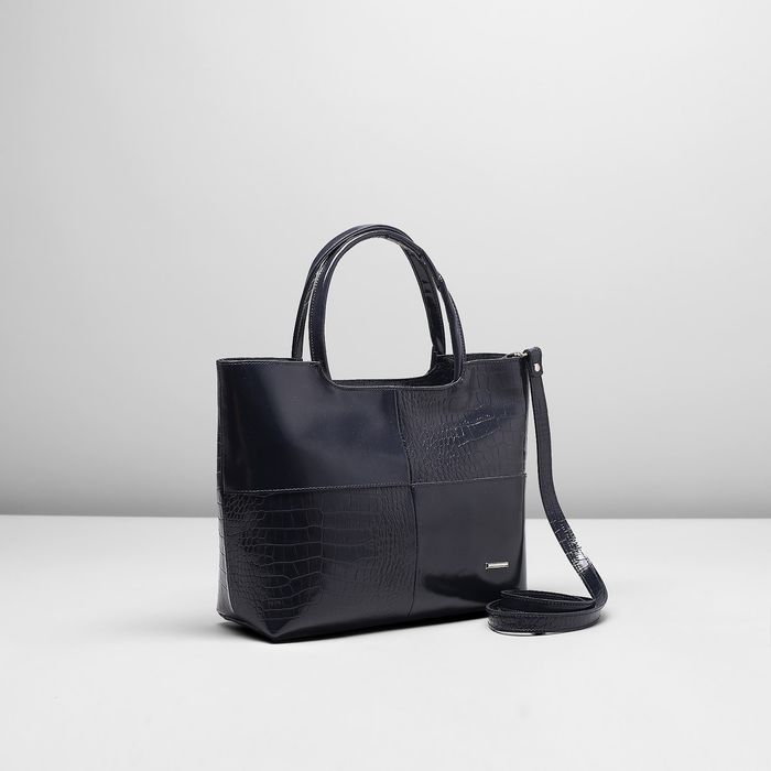 Сумка женская на молнии, 2 отдела с перегородкой, наружный карман, кайман, цвет тёмно-синий