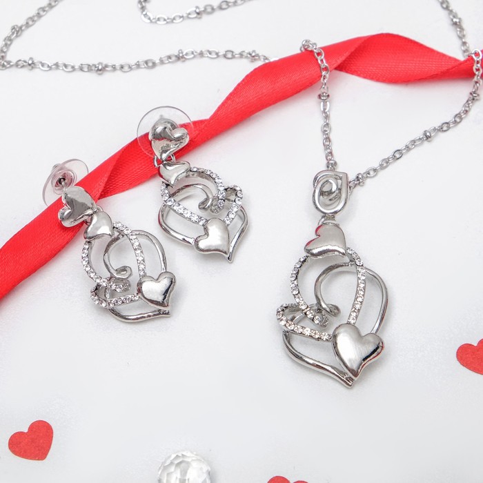 Гарнитур 2 предмета: серьги, кулон "Сплетение сердец", цвет белый в серебре, 45см