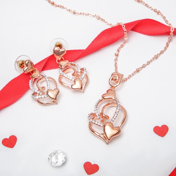 Гарнитур 2 предмета: серьги, кулон "Сплетение сердец", цвет белый в золоте, 45см