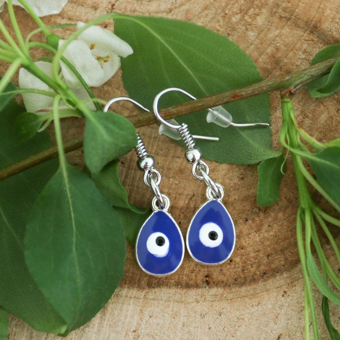 Серьги эмаль "Оберег" капля, цвет сине-белый в серебре
