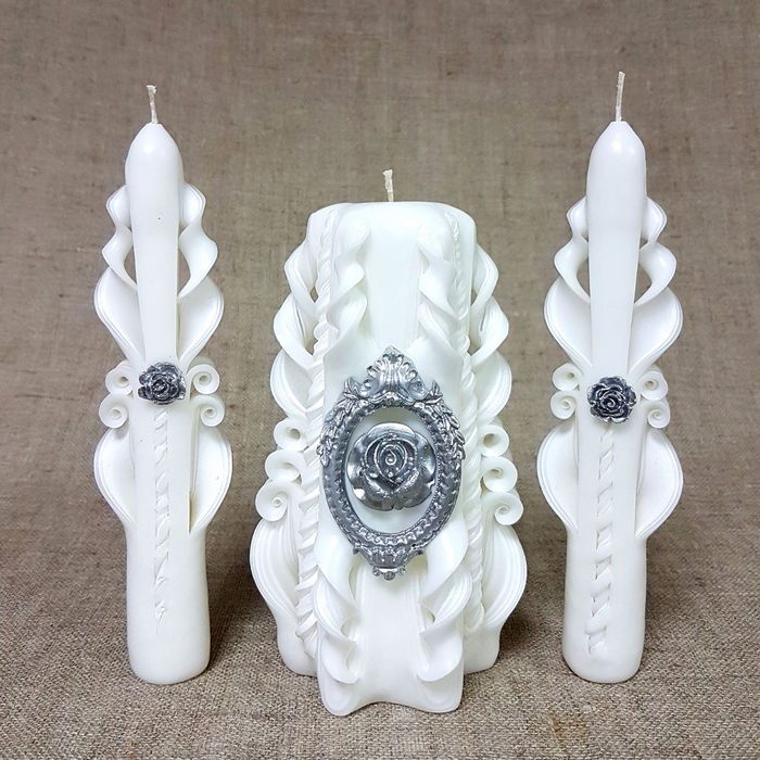 Набор Свадебных резных свечей " Серебряная роза" №2